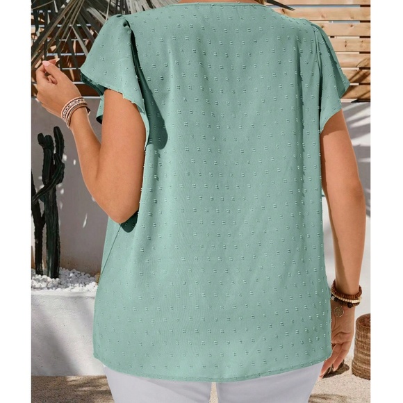 Plus Mint Green Swiss Dot Ruffle Short Sleeve Blouse - Picture 3 of 3